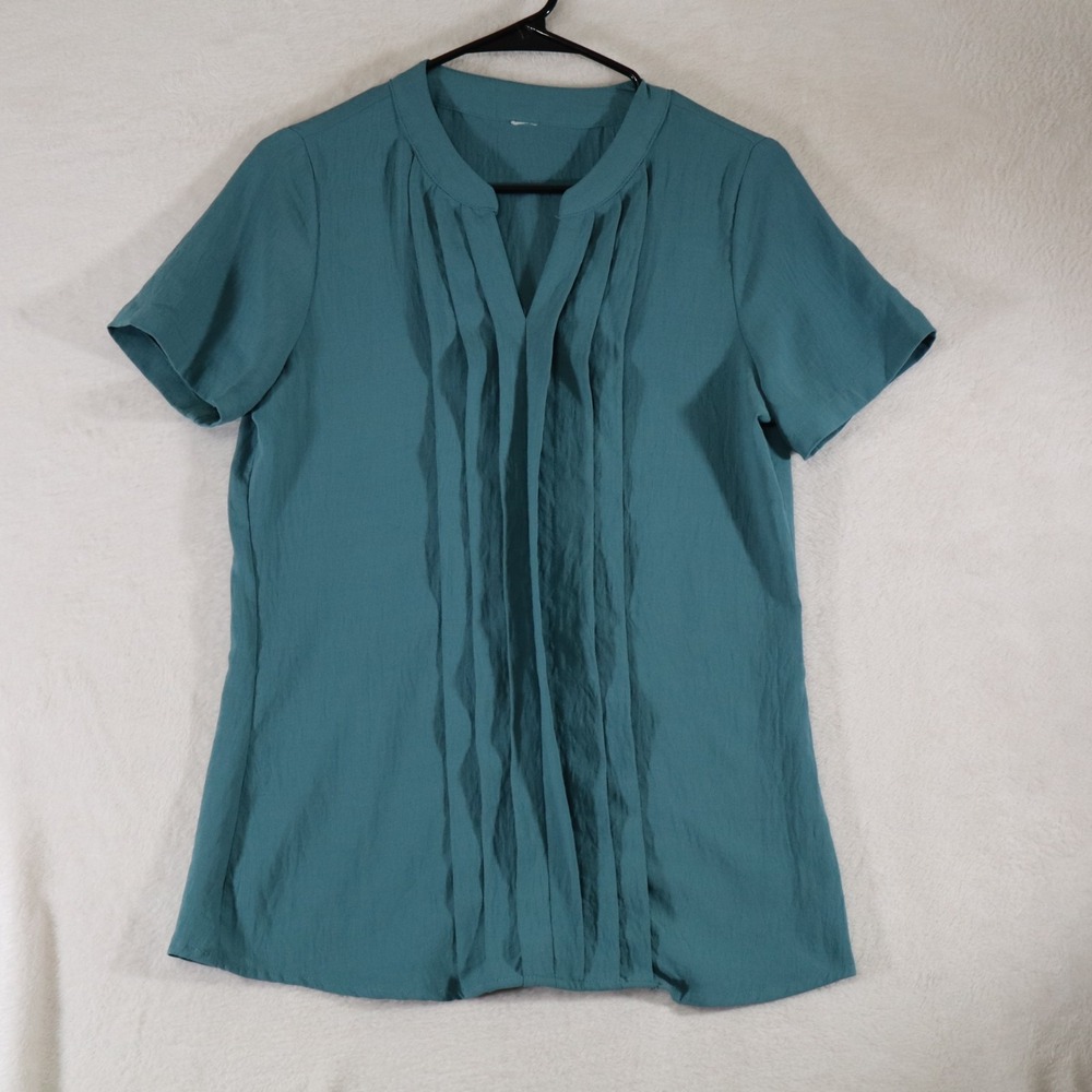 Women's L Teal Pleated Blouse Short Sleeve V‑Notch Neck Lightweight Casual Top
